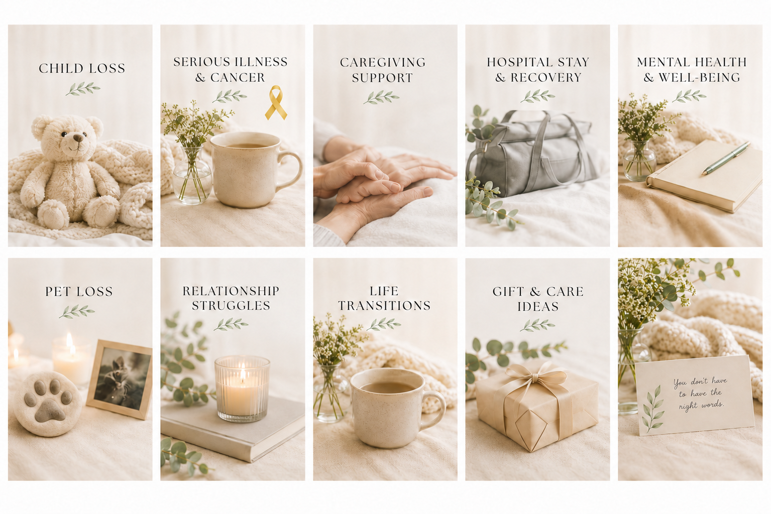 A warm collection of visual symbols for grief, illness, caregiving, hospital recovery, pet loss, life changes, and compassionate care
