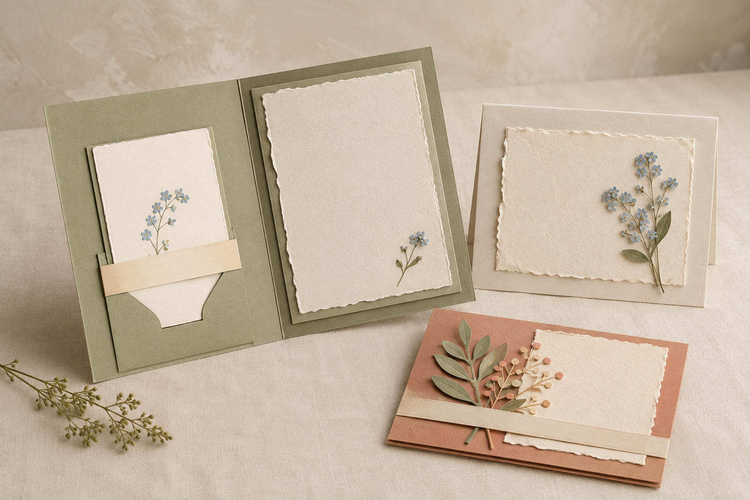 A coordinated collection of handmade botanical cards for remembrance and ongoing connection