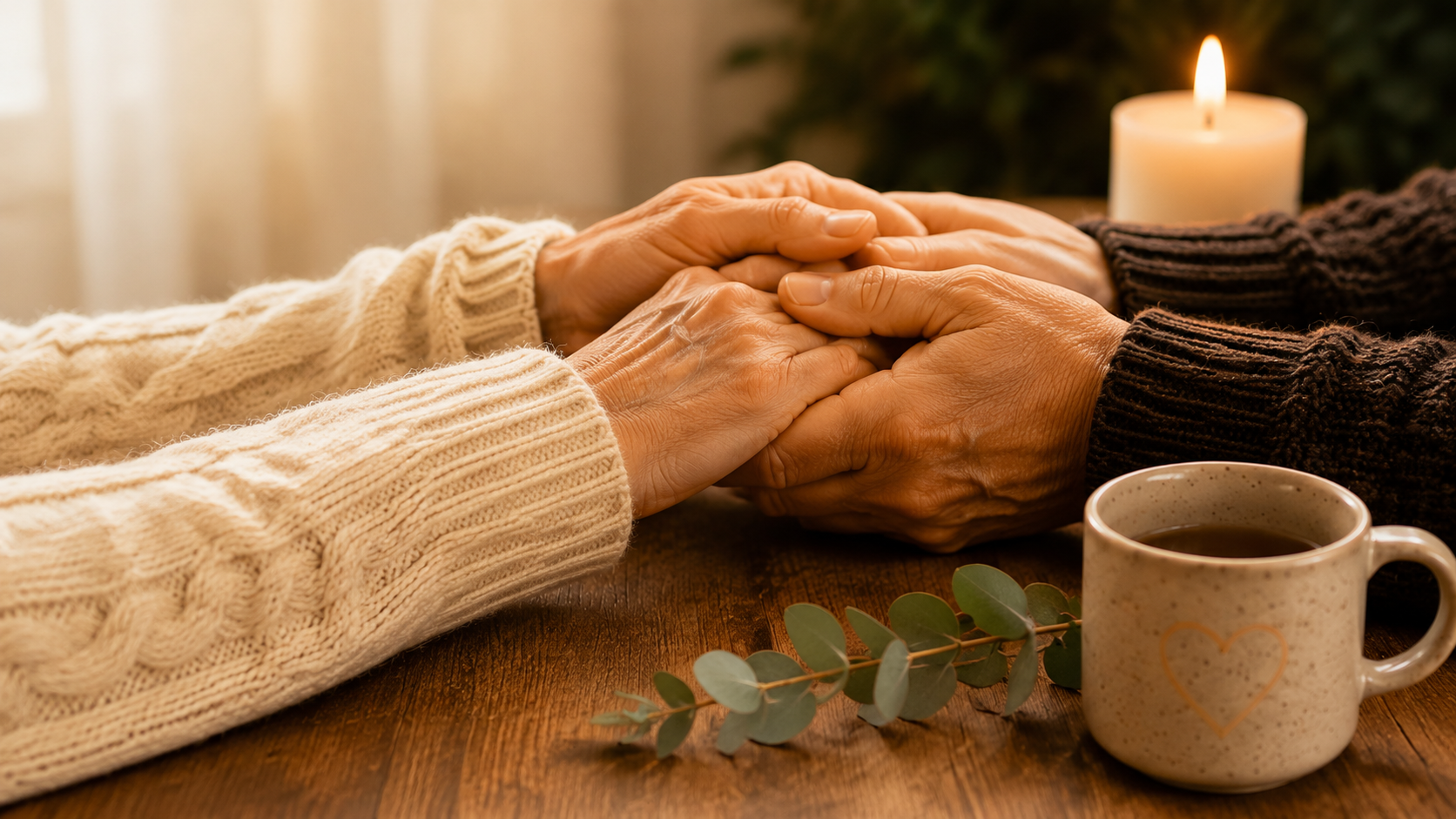 Two people holding hands beside a candle, warm cup, and eucalyptus