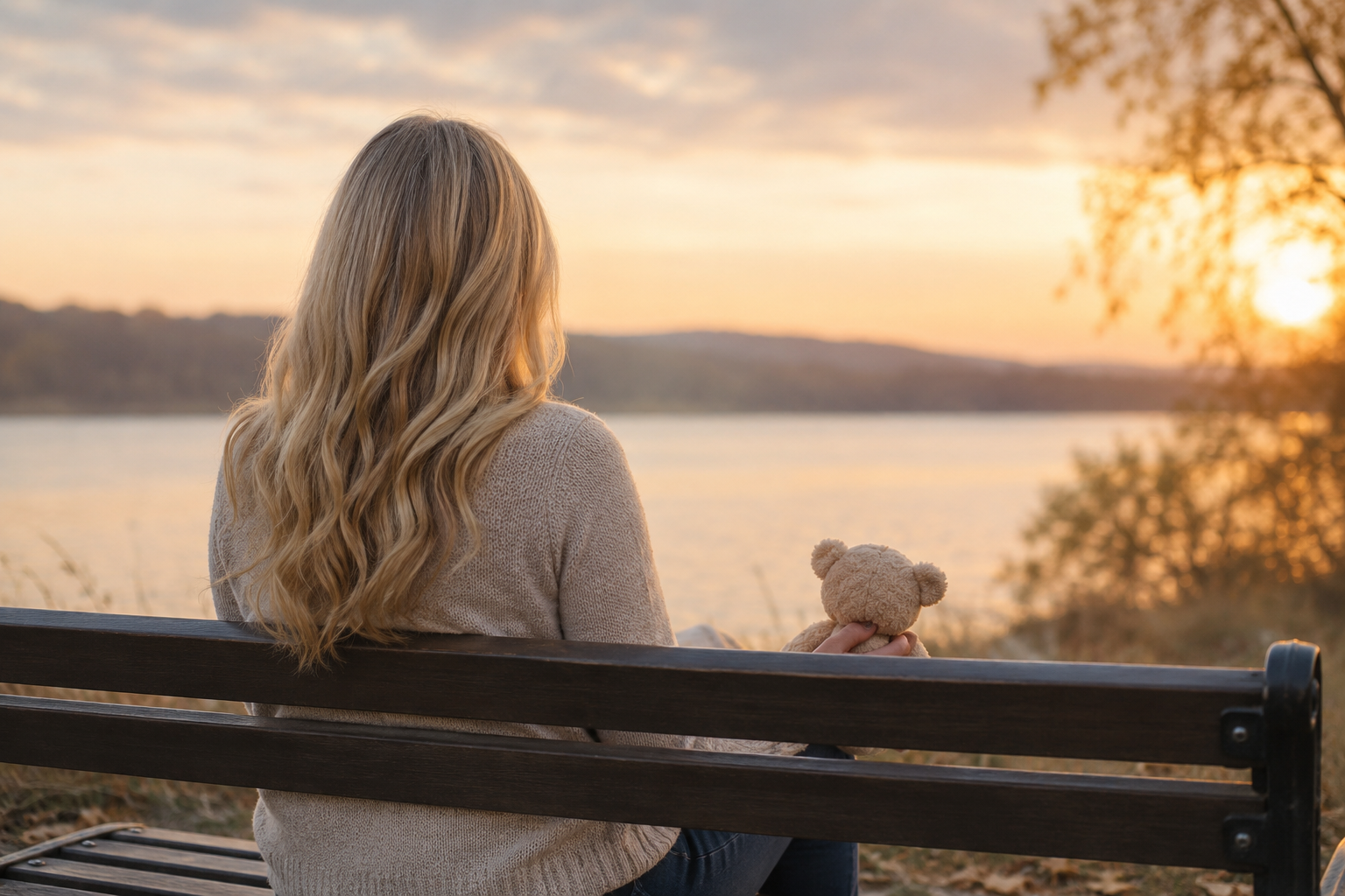 A mother holding a small teddy bear while sitting quietly beside the water at sunset