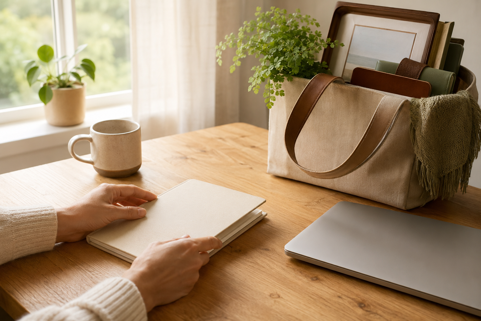 A calm desk with a notebook, work bag, and warm drink representing a career transition
