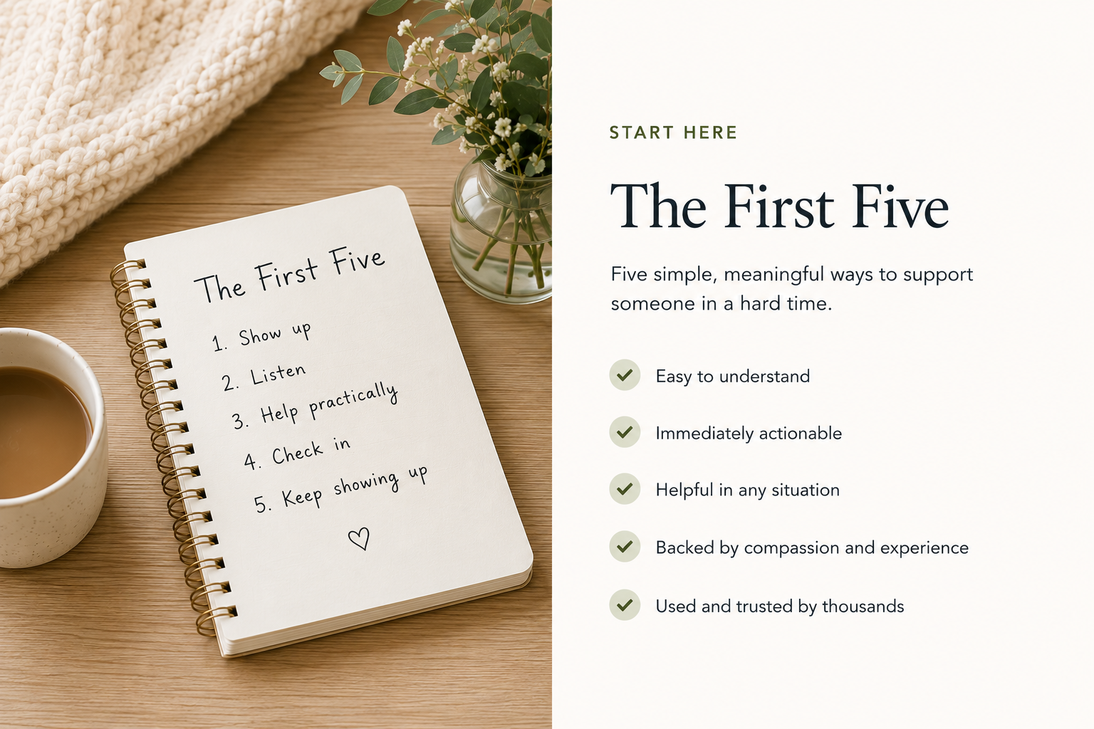 The First Five practical guide displayed beside a notebook, tea, flowers, and a soft blanket