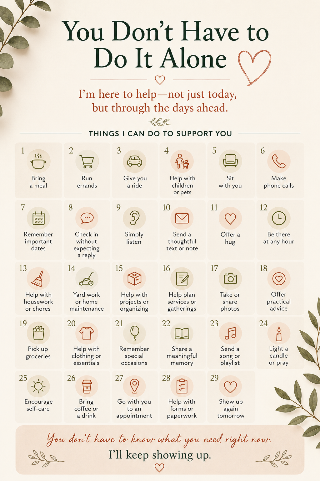 A calendar of practical ways to support someone