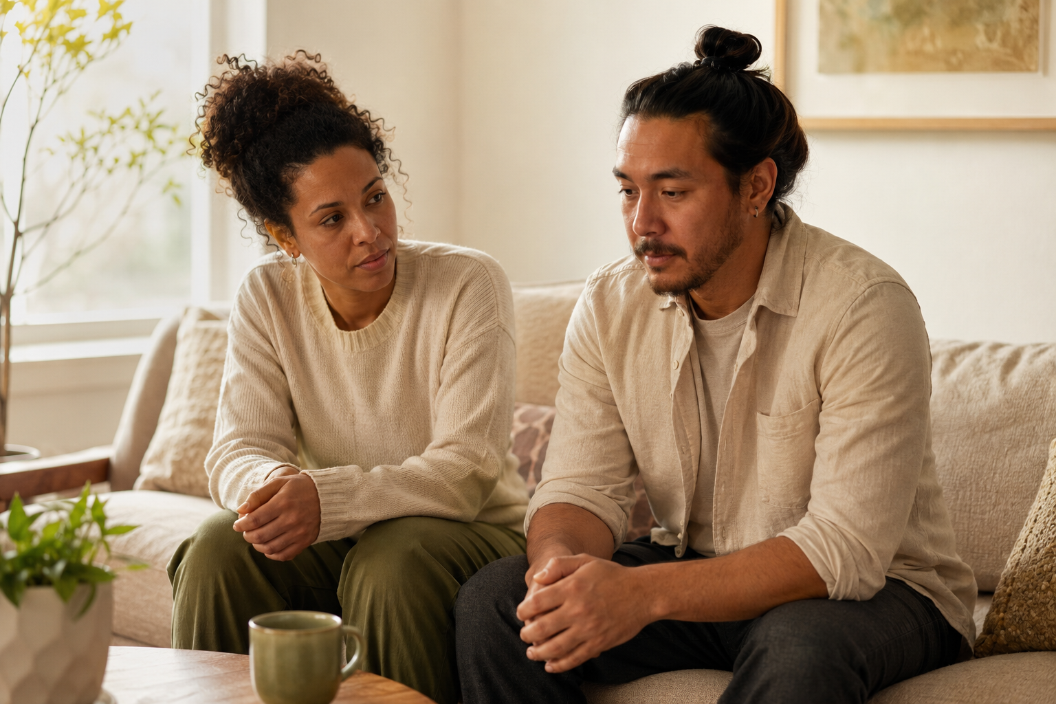 Two people sharing calm, supportive conversation in a warm room