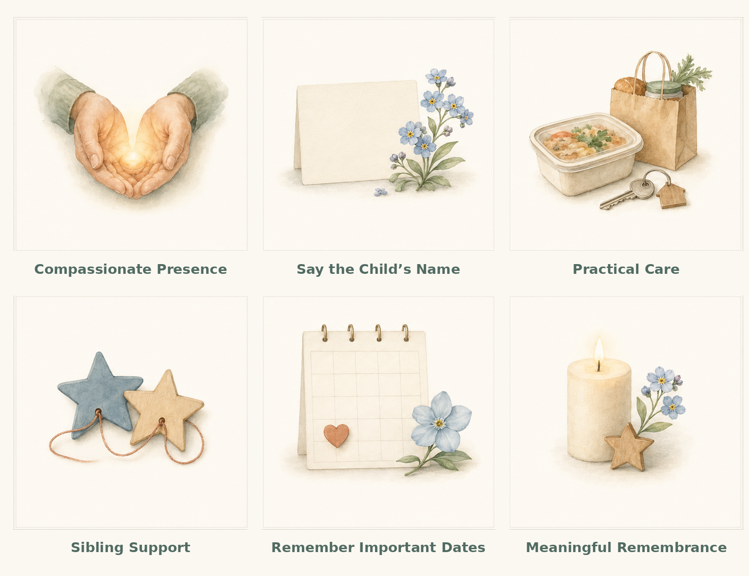 Six warm illustrations for presence, saying the child’s name, practical care, sibling support, remembering dates, and remembrance