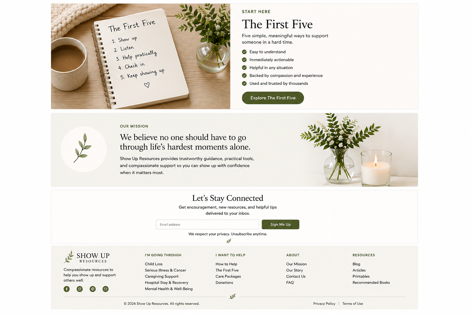 A warm First Five support guide with calendar and care imagery